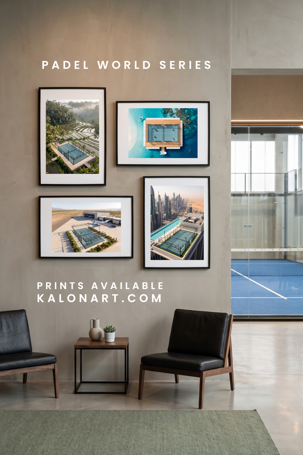 All four pictures of the World Padel Series framed on a wall inside a padel lounge. 